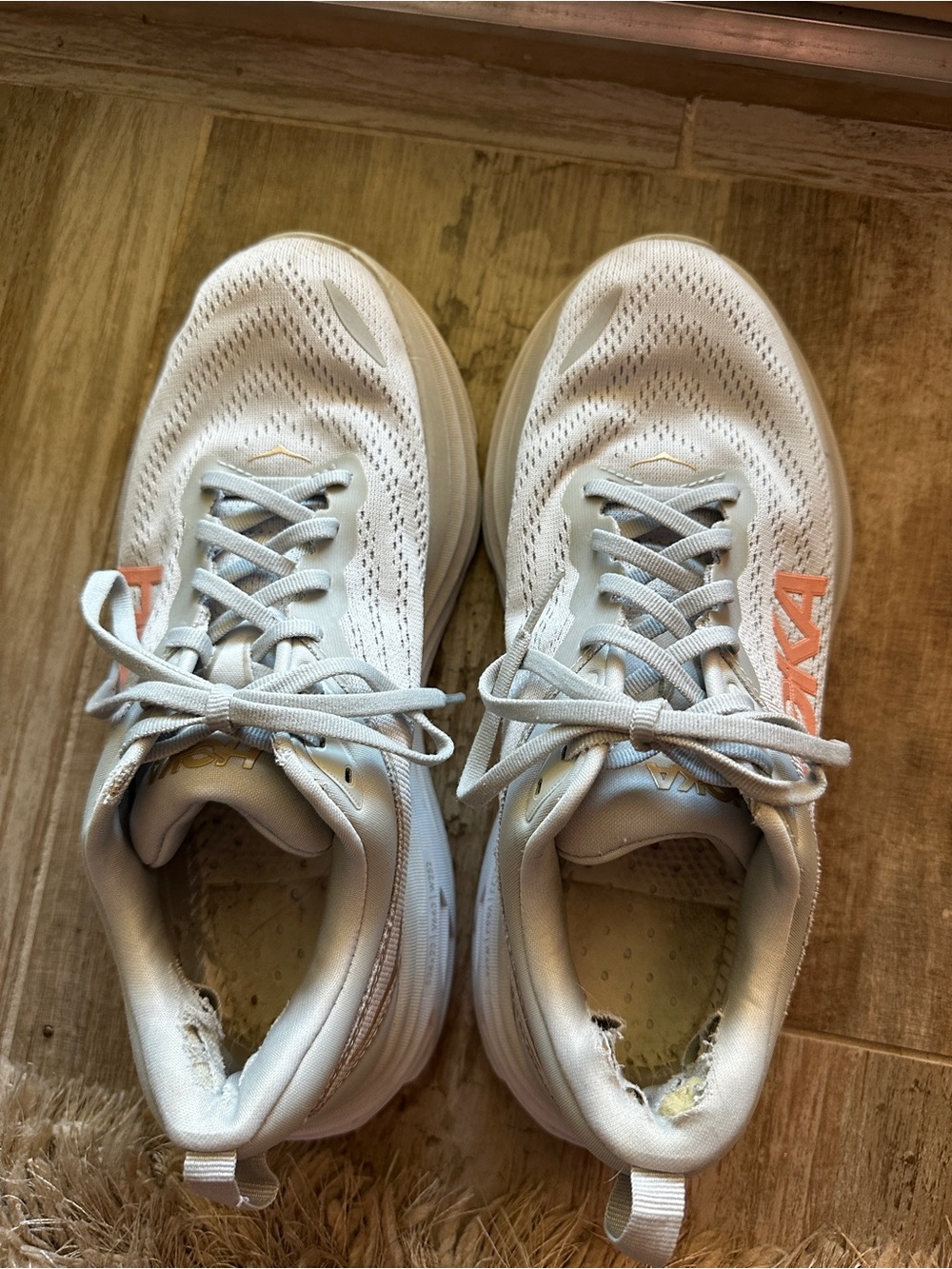 Hoka Women's Light Gray Sneakers with Coral Accent